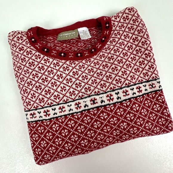 Liz Claiborne Red & White Crewneck Sweater Fair Isle Cotton Holiday Sz Med - Picture 2 of 12